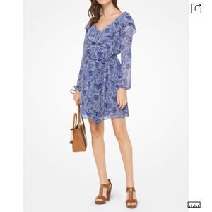 Ruffled Paisley Tie-Waist Dress in True Navy